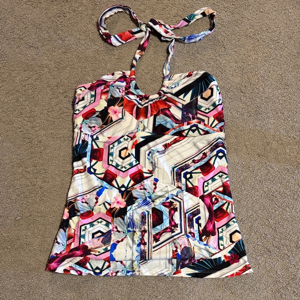 Hapari Multicolor Geometric & Floral Halter Tankini Top Size 12-14 L